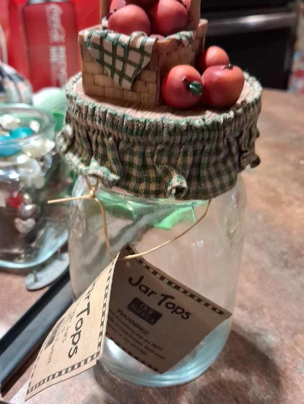 Decorative Mason Jar with Green Check Fabric Top and Fruit Accent